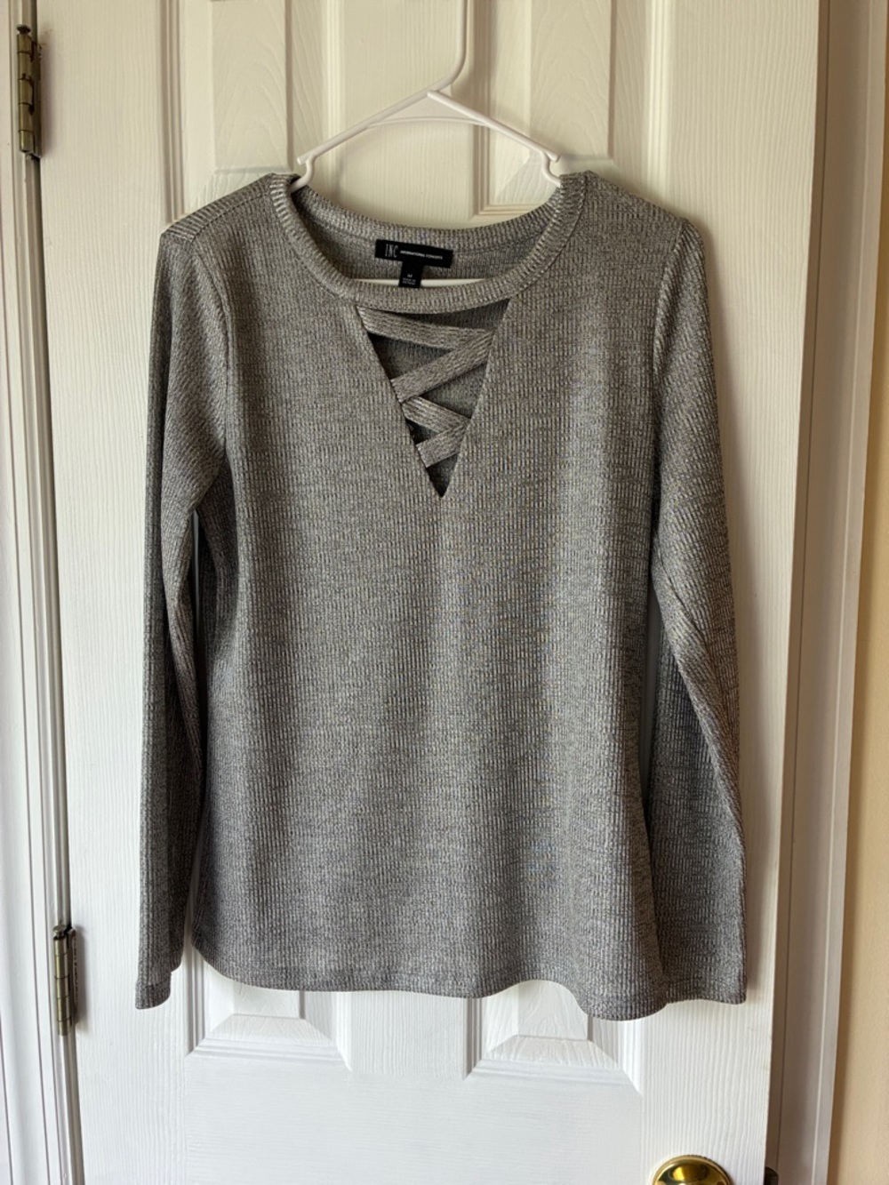 INCGray Ribbed Long-Sleeve Top with Crisscross V-Neck
